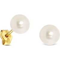 Miore Bijoux pour Femmes Clous d'Oreilles avec Perle d'eau douce ronde blanche 6 mm Boucles d'Oreilles en Or Jaune 14 Carats 