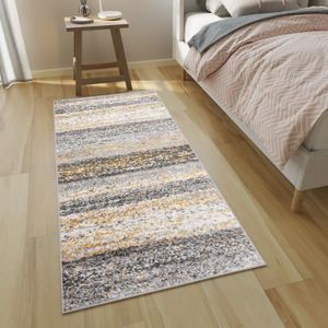 TAPIS DE COULOIR TAPISO Tapis Passage Shaggy Poils Longs DELHI Gris Jaune Crème Rayures Epais Intérieur 80x300 cm