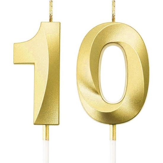 10 Bougie Anniversaire, Bougies Chiffres 3D Diamant, 5 Cm Pétillant Or ...
