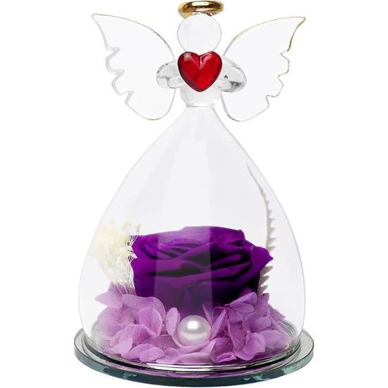 Rose Réelle Conservée - Présentée Sous Globe En Verre Avec Figurine Ange - Cadeau Romantique (Rouge)