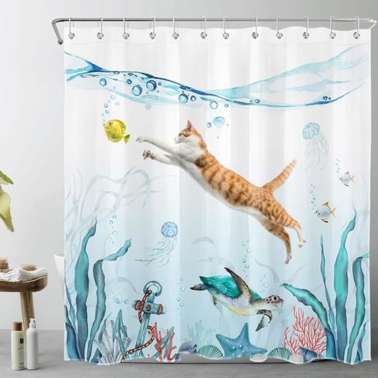 Rideau De Douche 180x180cm LB - Rayures Bleu Marine Et Blanc - Polyester Imperméable Anti-Moisissure