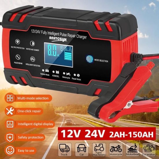 Chargeur de Batterie Intelligent 12V/24V 8A Automatique Réparation Fonction Portable avec Écran LCD, pour Voiture Moto Camion
