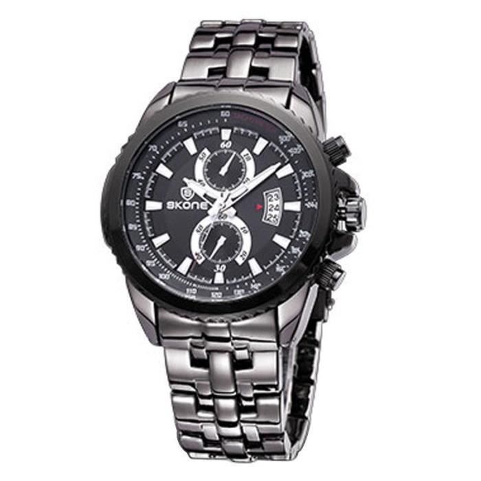(#140) Luminous Hands Calendar Display Two Small Decoration Dial Men Quartz Watch with Alloy Band(Black)