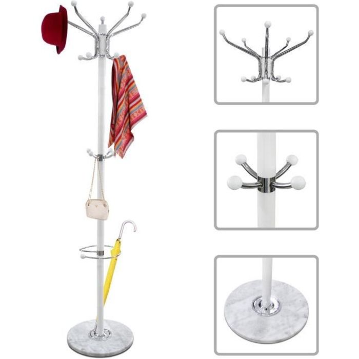 Portemanteau, Portant pour Manteaux et Chapeaux, Blanc, Dimensions: 36,8 x 36,8 x 176,0 cm