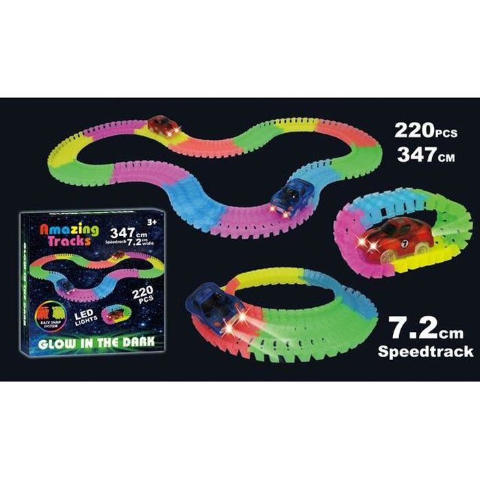 AMAZING TRACKS - Circuit de Voiture Flexible, modulable, luminescent avec ses accessoires - 220 pièces