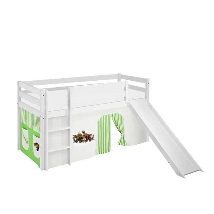 Lit surélevé ludique JELLE Dinos vert beige - avec rideaux et toboggan - LILOKIDS - blanc laqué