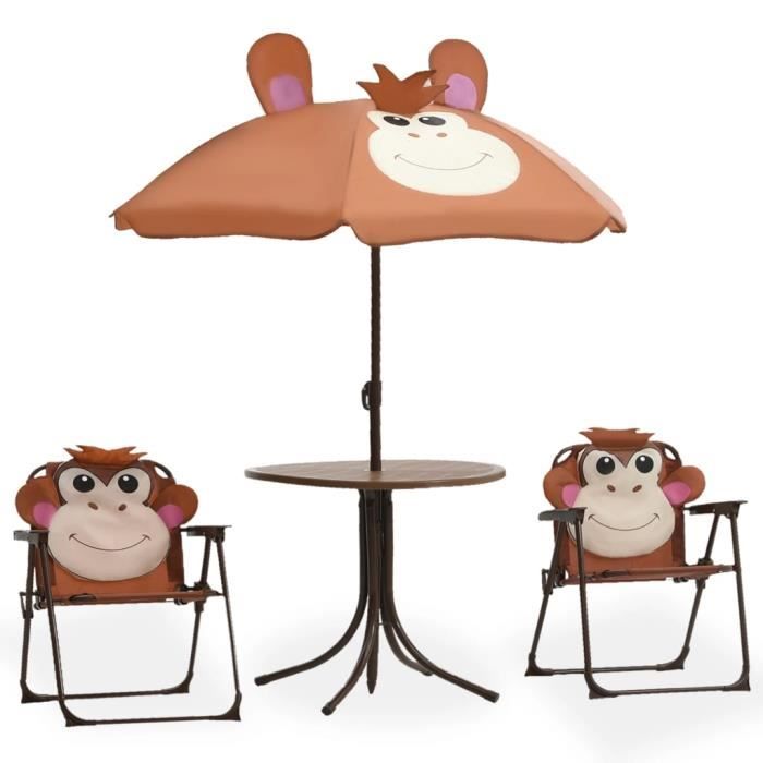 ��7841Jeu de Bistro Balcon - 1 table+2 chaise + 1 parasol - Salon de Jardin Terrasse - pour enfants 3 pcs - Marron