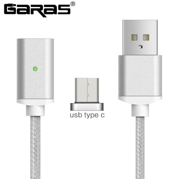Câble magnétique de Type C GARAS chargeur rapide USB Type C-chargeur de USB C câble magnétique de do silver type c 1m