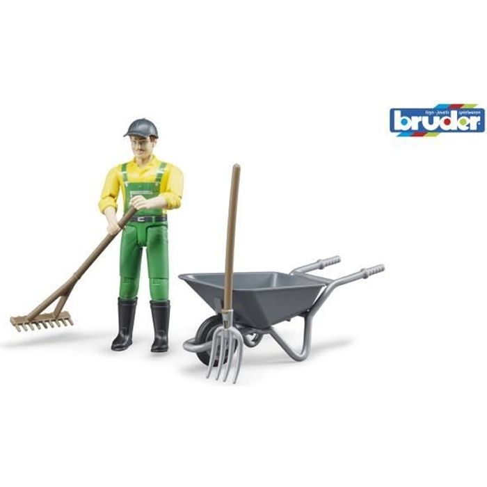 Bruder 62610 Figurine fermier avec brouette et accessoires