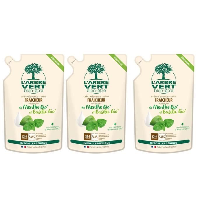 L'ARBRE VERT Recharges Crème lavante main - Menthe et basilic Bio - 300 ml - Lot de 3
