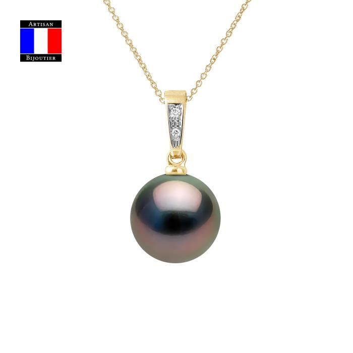 Pendentif - Diamants 0,01 Cts - Perle de Culture de TAHITI Rondes 10-11 mm - Or Jaune 750 Millièmes
