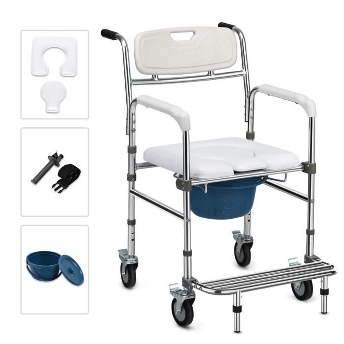 COSTWAY Chaise Percée Toilette à Roulettes Seau Amovible Repose-pieds Pliable Charge 100KG pour Handicapés Personnes Agés