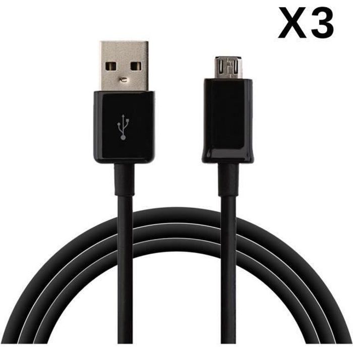 [Compatible Samsung Galaxy J1-J3-J5-J7-2015-2016-2017-J6-J6PLUS] Lot 3 Cables USB Chargeur Noir Port Micro USB 1 M [Phonillico®]