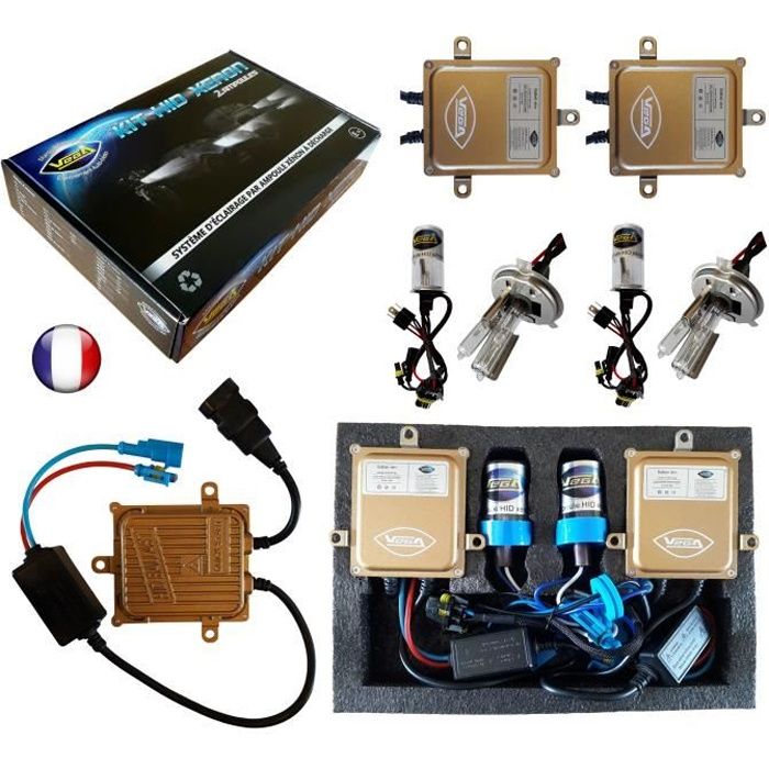 Kit HID Bi Xénon Marque FRANCAISE Vega® H4 HILO 6000K 55W Slim DSP AC ampoules à embase métallique