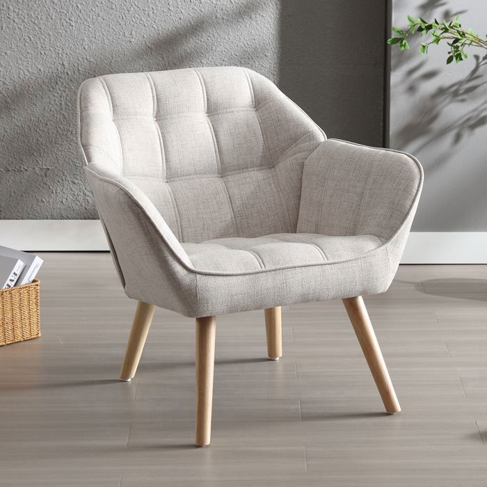 Wahson Fauteuil Salon Moderne Fauteuil Scandinave avec Pied Bois Fauteul Design Salon en Lin Rembourré Confortable Fauteuil Beige