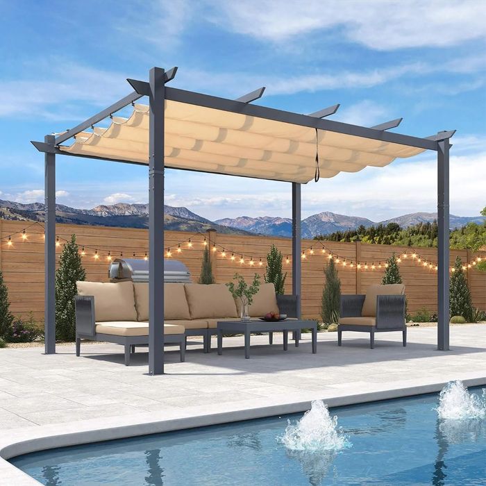 Pergola Aluminium 3 x 4 m Tissu Teint en Fil Pergola pour Terrasse Extérieur Toit gris foncé Beige PURPLE LEAF