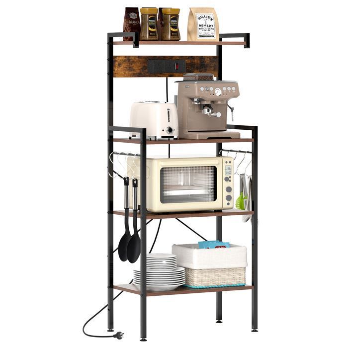 COSTWAY Buffet de Cuisine à 4 Niveaux avec Prises de Courant Support pour Micro-ondes avec 8 Crochets pour Salon Salle à Manger