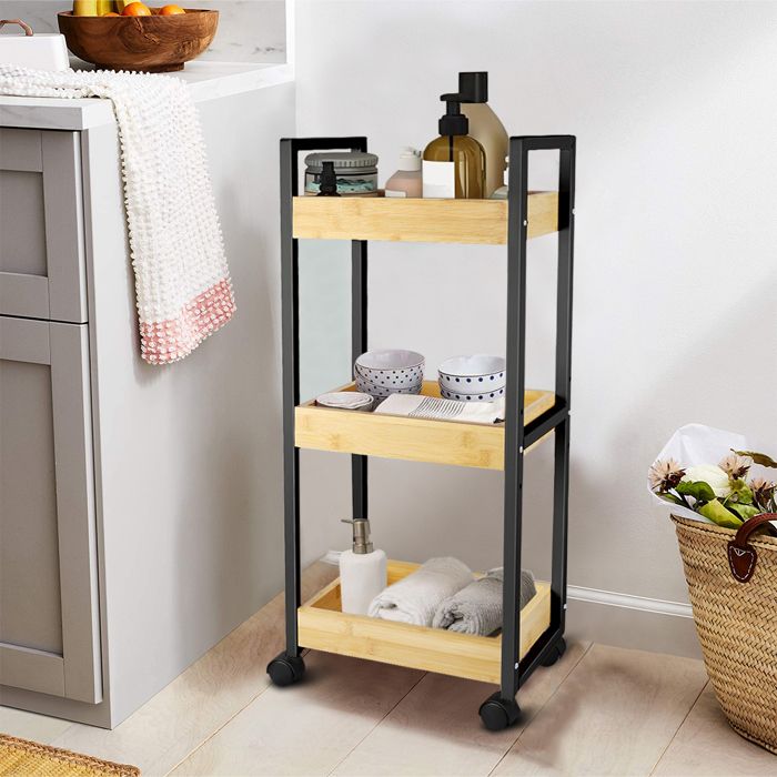 JEOBEST Desserte de Salle de Bain Mobile à 3 Niveaux en Bambou avec Roulettes - ARMOIRE DE SALLE DE BAIN - Noir