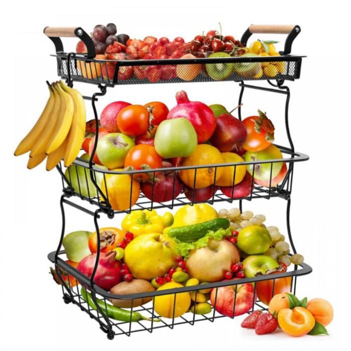 B.LIVEM Panier à Fruits avec 2 Crochets à Banane étagère à Fruits pour Pain Légumes Collations Rangement pour Cuisine