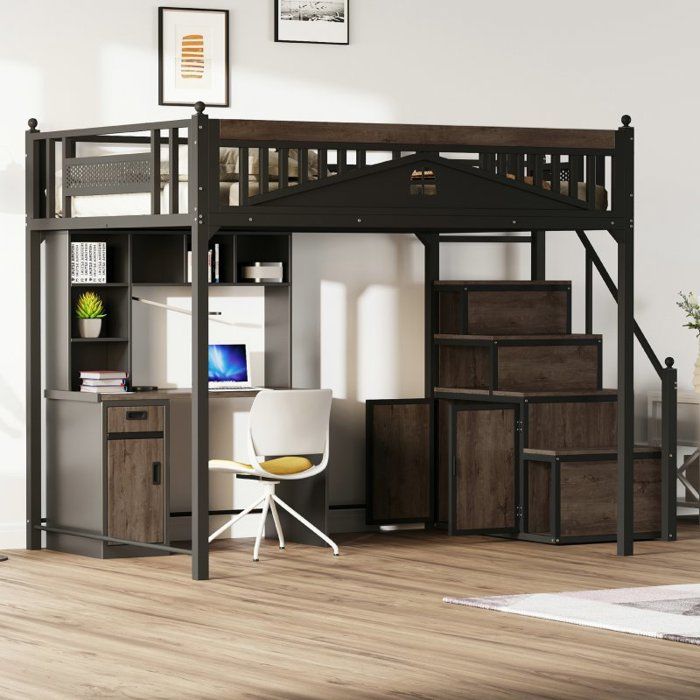 Lit mezzanine - LANGTU - 140 x 200 cm - Métal noir - Échelle interchangeable G/D - Rangements intégrés