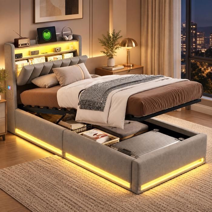 Lit Coffre 90x200-DADEALit Rembourré Led HydrauliqueLit RembourréLit Double avec RangementLit CapitonnéGrisVelours
