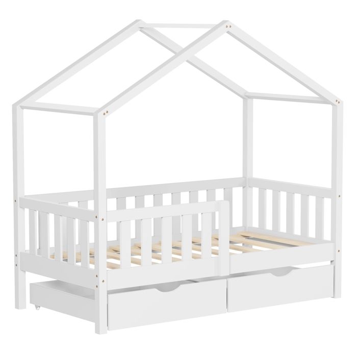 Lit cabane enfant ML-Design 70x140cm blanc bois massif 2 tiroirs antichute toit et sommier à lattes Lit cabane enfant ML-Design 70x140cm blanc bois massif 2 tiroirs antichute toit et sommier à lattes