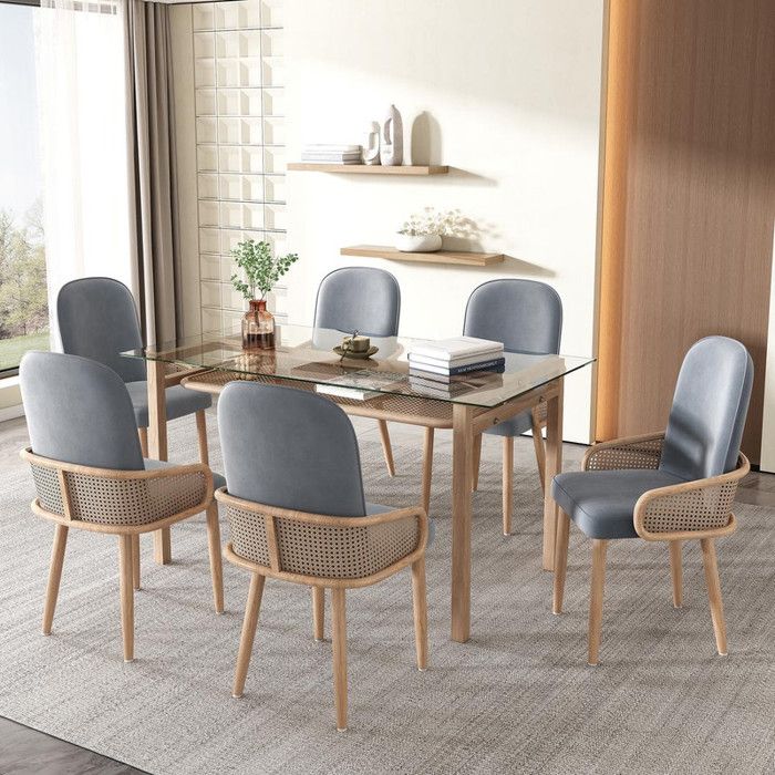 Lot de 6 chaises de salle à manger en velours avec quatre pieds en métal Design rotin Pour salon chambre Effet bois Gris