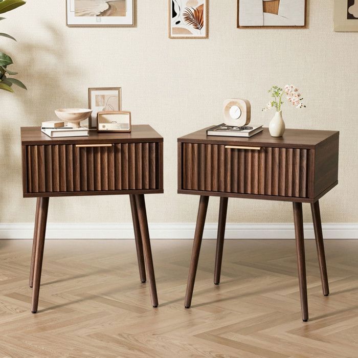 Lot de 2 Tables de chevet cannelés - ALIGHTUP - avec tiroir, pour Salon, Chambre, 48 x 38 x 60 cm, Couleur bois de noyer