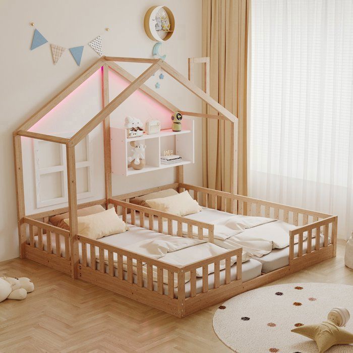Lit Cabane Enfant 2x90x200 cm en Bois avec LED -  2 Places 2 Sommiers Inclus Rangement et Garde-Corps de Sécurité