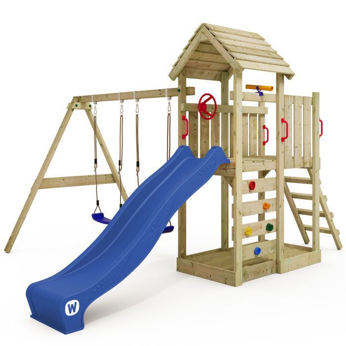 Aire de jeux bois WICKEY MultiFlyer avec toit en bois double balançoire et toboggan 220 cm bleu – 10 ans de garantie*