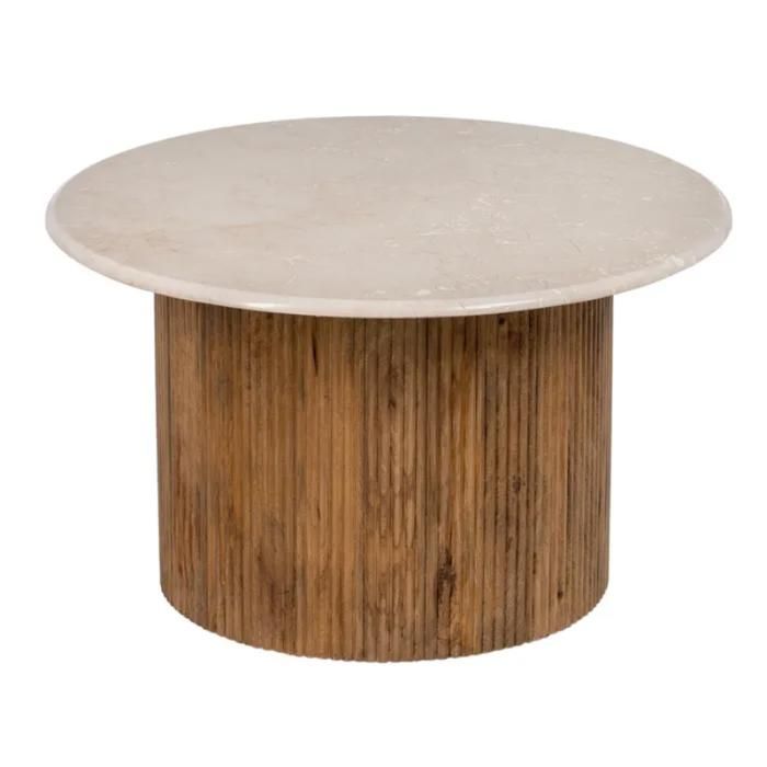 Table Basse - Meubles&Design - Table basse ronde 76 cm crème et bois strié plateau marbre naturel veiné à laspect unique AURA Table Basse - Meubles&Design - Table basse ronde 76 cm crème et bois strié plateau marbre naturel veiné à laspect unique AURA