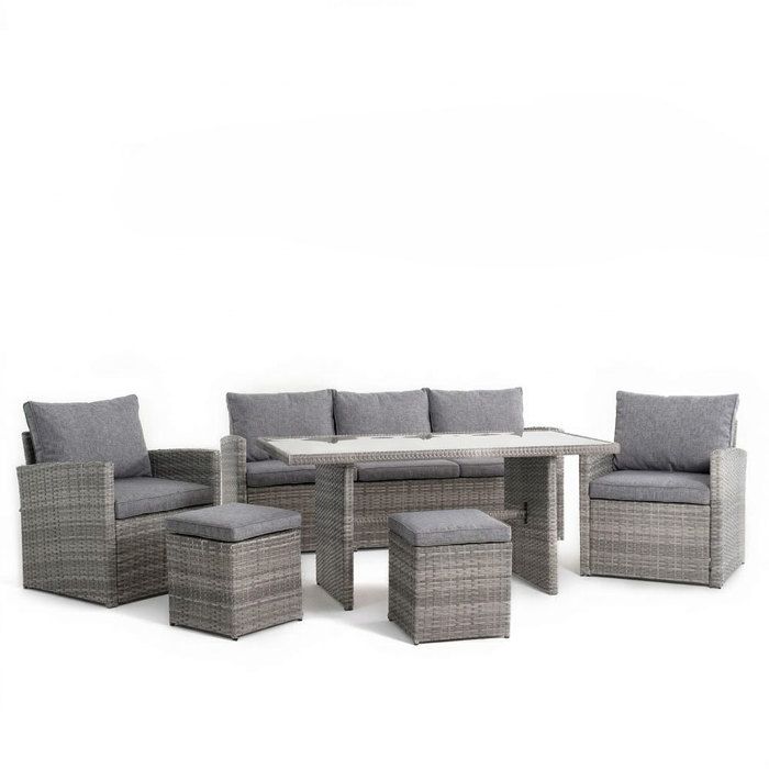 Ensemble repas de jardin CATANIA 7 places en polyrattan - canapé 2 fauteuils 2 pouf et table de repas avec plateau en verre trempé