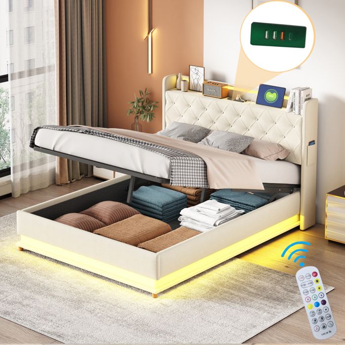 Lit rembourré LED avec rangement - 140x200 cm - Beige - Port USB - Rangement hydraulique - Lumières LED multicolores