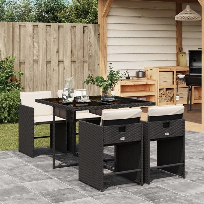 37046&Mode Ensemble à manger de jardin coussins - 5 pcs - (Table et 4 chaises de jardin) - Noir Résine tressée - 110x106x73 cm