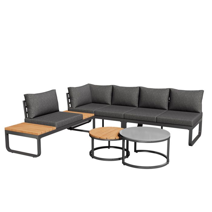 Salon de jardin 4-5 places - Ensemble avec 2 canapés 2 places fauteuil avec tablettes 2 tables basses empilables - Gris