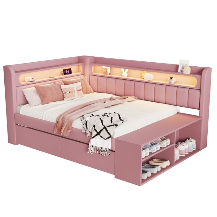 Canapé-lit 90x200 cm rose avec 2 tiroirs meuble à chaussures USB et bande LED
