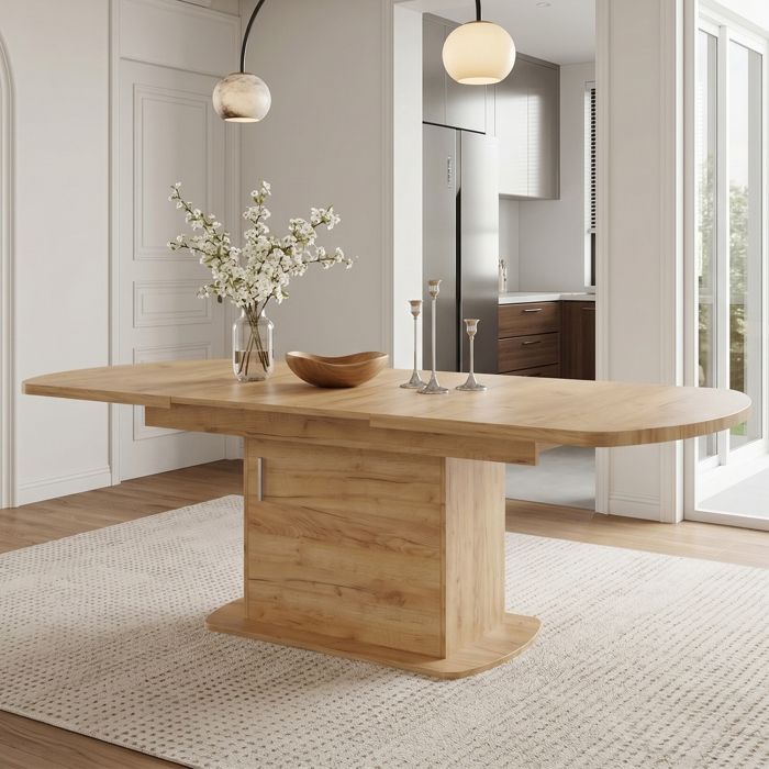Table à Manger Ovale Extensible 140/200 x 80 x 75 cm Table à Manger avec Rangement Table de Cuisine Moderne Couleur Chêne