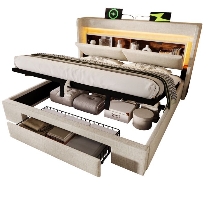 Lit capitonné 140x200 coffre hydraulique tête avec niche LED USB & USB-C lattes bois lin beige sans matelas