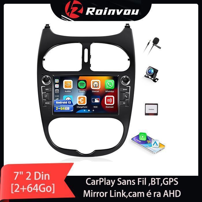 7 2‑DIN Autoradio Android 15 [2+64G] pour Peugeot 206/206CC Citroën C2 2002‑2010 BT WiFi GPS FM RDS CarPlay/Android Auto