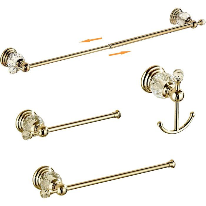 Accessoires de salle de bain en cristal - Doré vif - Ensemble de 4 pièces - Porte-serviettes réglable 47-78 cm