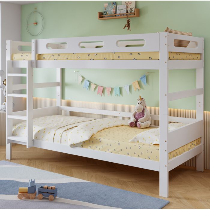 Lit superposé enfant 90 x 200 cm blanc en bois avec échelle fixe garde-corps et sommier à lattes