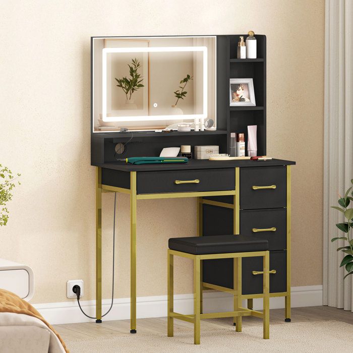 Coiffeuse de maquillage - HOMCOM - miroir LED tactile - station de charge USB/USB‑C - 4 tiroirs et tabouret