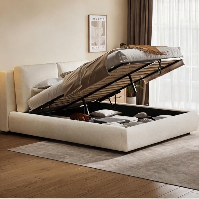 Lit coffre hydraulique 160x200 cm en bouclette beige avec tête de lit intégrée et sommier