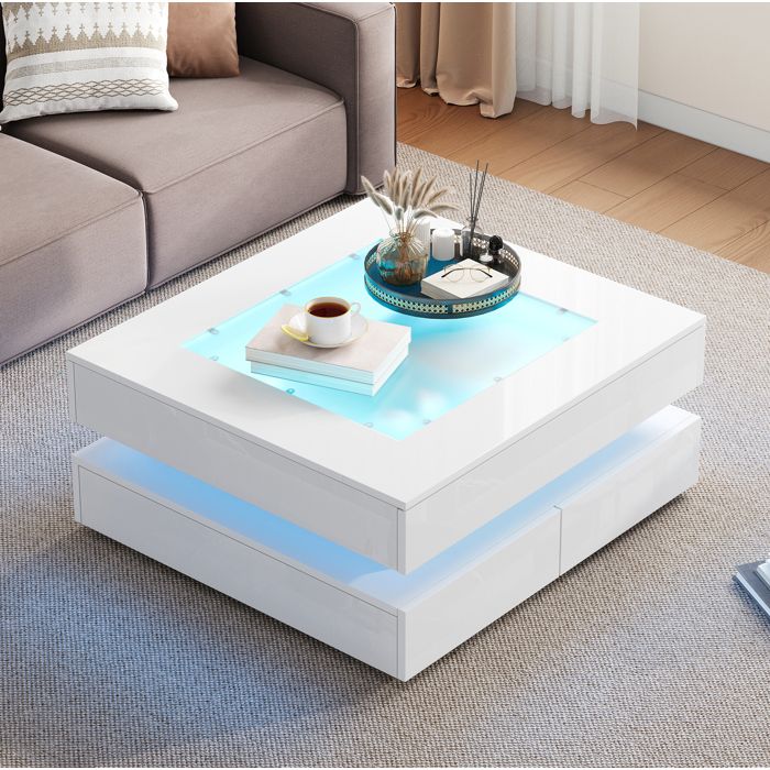 ROVRYN Table basse carrée 70 x 70 x 35 cm avec plateau en verre LED USB 3 tiroirs blanc brillant