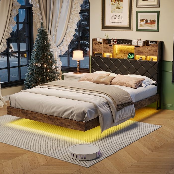 Lit Double Rembourré 140x200 cm Lit adulte avec LED et USB Cadre de lit à Effet Flottant Tête de lit avec rangement PU Noir