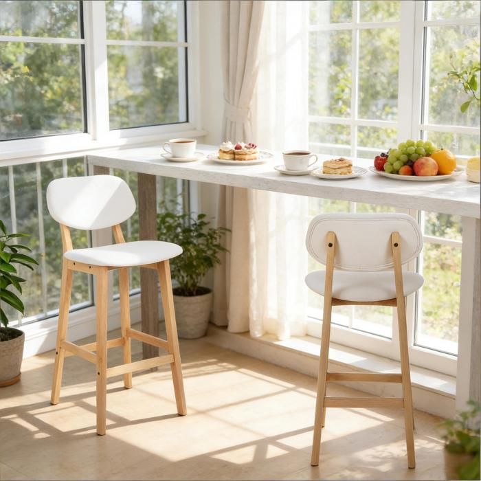 Tabourets de bar élégants - Blanc - Cuir et bois massif - Hauteur totale 915 cm - Siège 43x375 cm