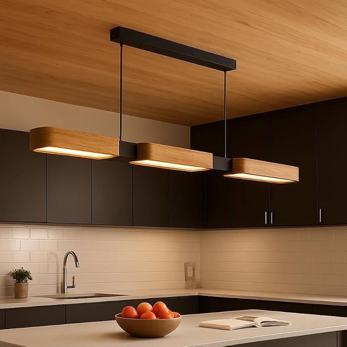 Lustre Cuisine Moderne en Bois 90 cm Suspension Luminaire LED pour Salle à Manger et Îlot Cuisine Dimmable 3000K 6500K LUSTRE