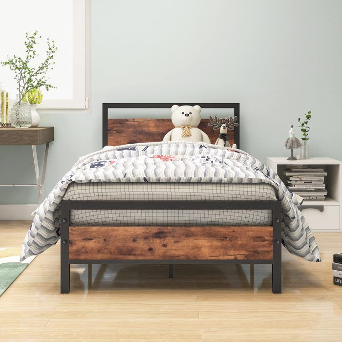 URTR Lit simple 90×200cm métal MDF cadre lit stable avec sommier lattes espace rangement sous lit brun vintage
