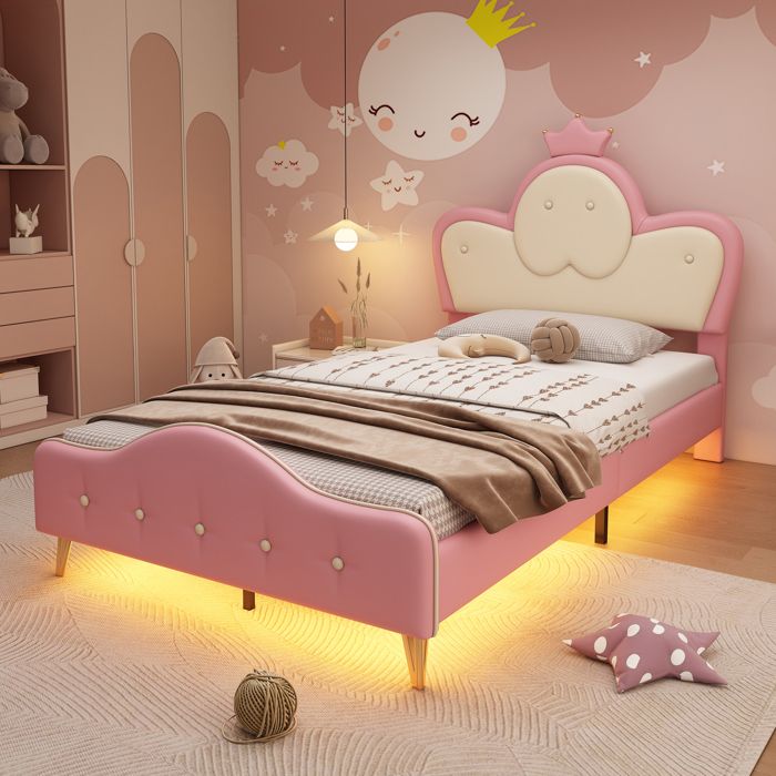 Lit rembourré - MINIMAL - enfant simple 90x200 PU rose blanc tête couronne LED pieds métal bords souples Lit rembourré - MINIMAL - enfant simple 90x200 PU rose blanc tête couronne LED pieds métal bords souples