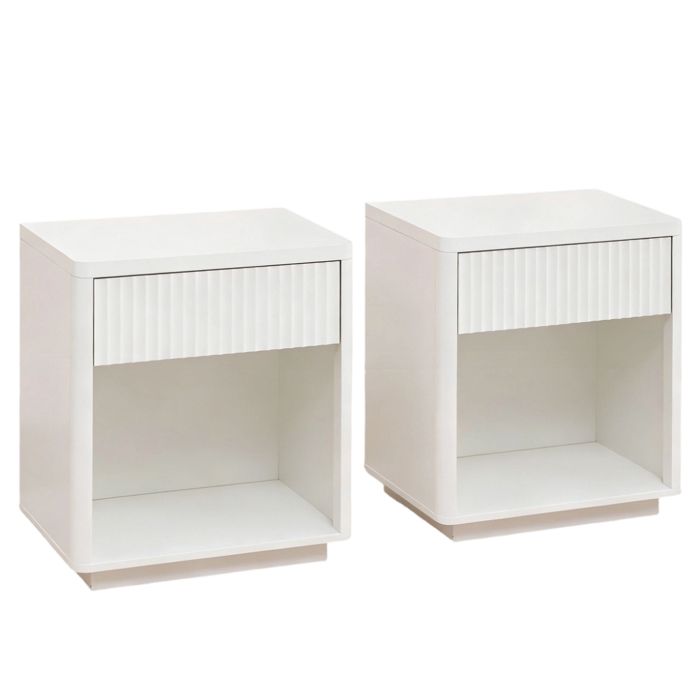 Lot de 2 tables de chevet blanches avec tiroir et étagère design moderne à panneaux ondulés Lot de 2 tables de chevet blanches avec tiroir et étagère design moderne à panneaux ondulés